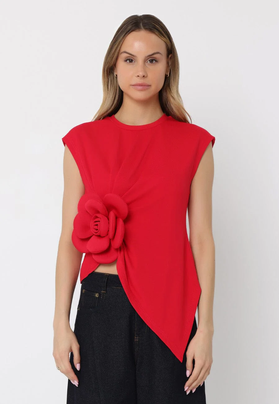 Sleeveless Flower Applique Sharp Asymmetrical Top - Image 5