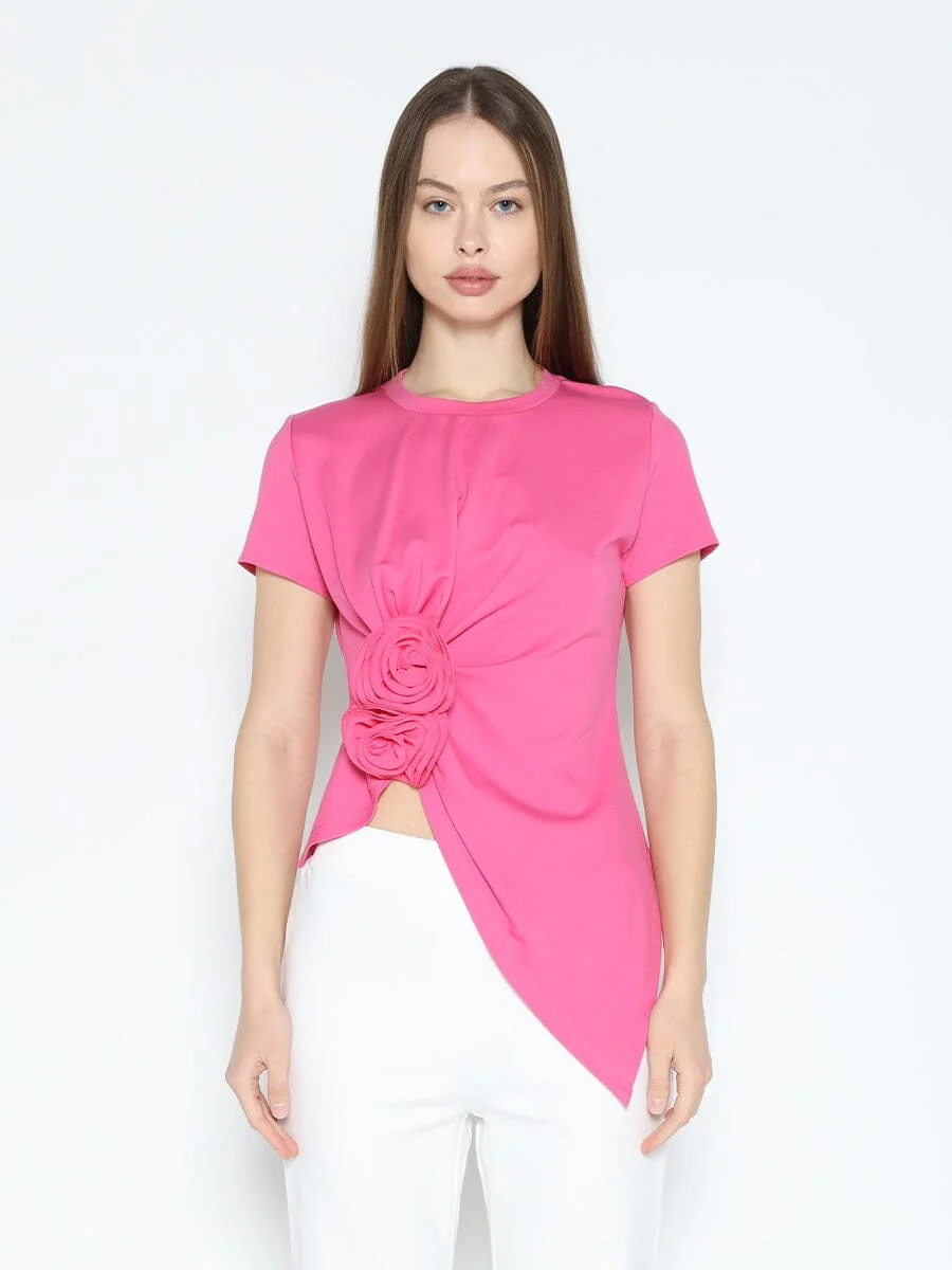 Sleeveless Flower Applique Sharp Asymmetrical Top