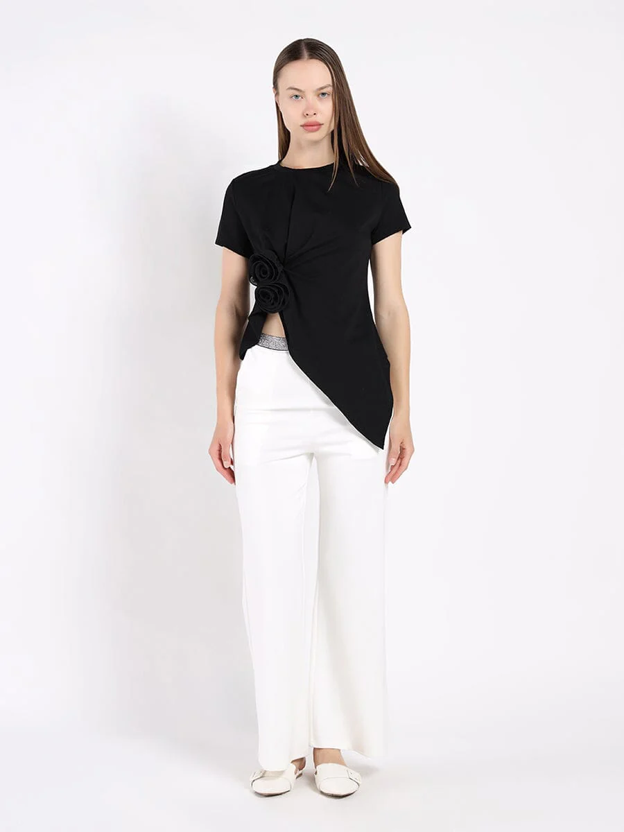 Sleeveless Flower Applique Sharp Asymmetrical Top - Image 10