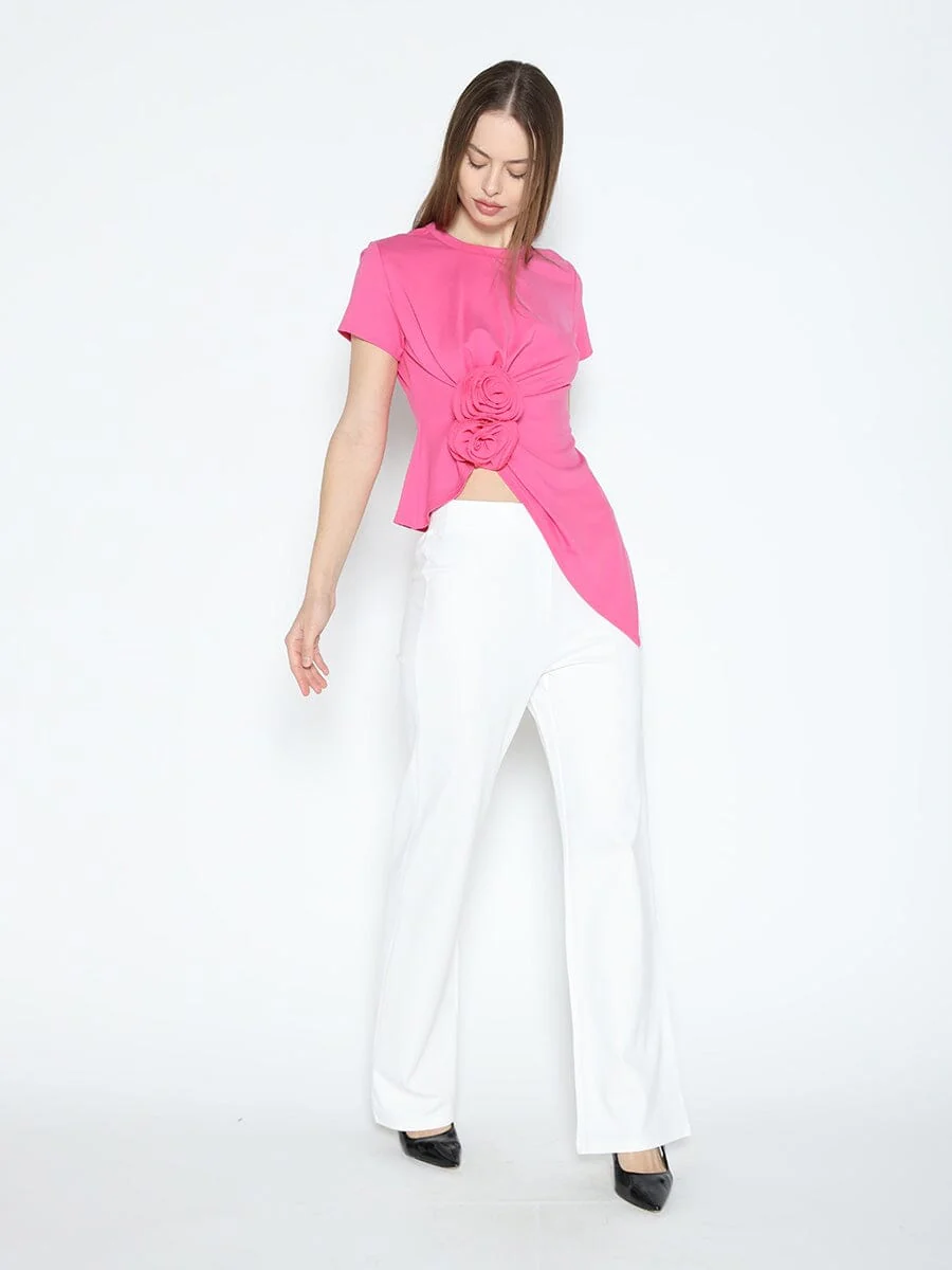 Sleeveless Flower Applique Sharp Asymmetrical Top - Image 2