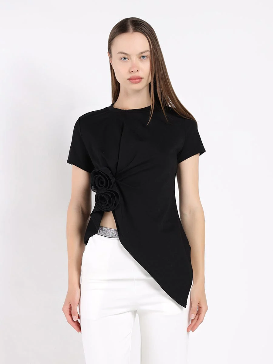 Sleeveless Flower Applique Sharp Asymmetrical Top - Image 9
