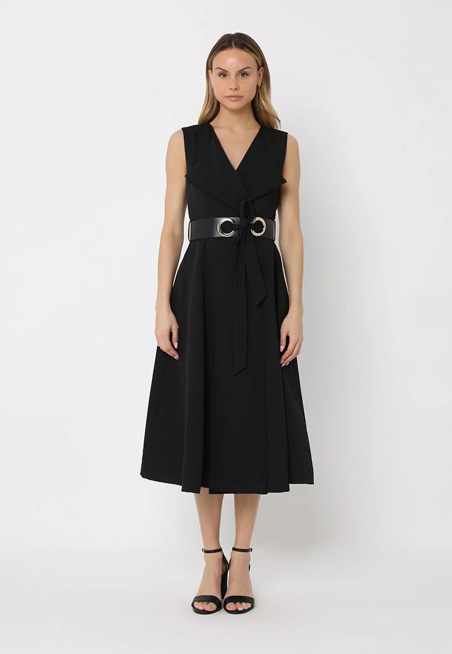 Sleeveless Notched-Lapel Collar Belted Long Jacket