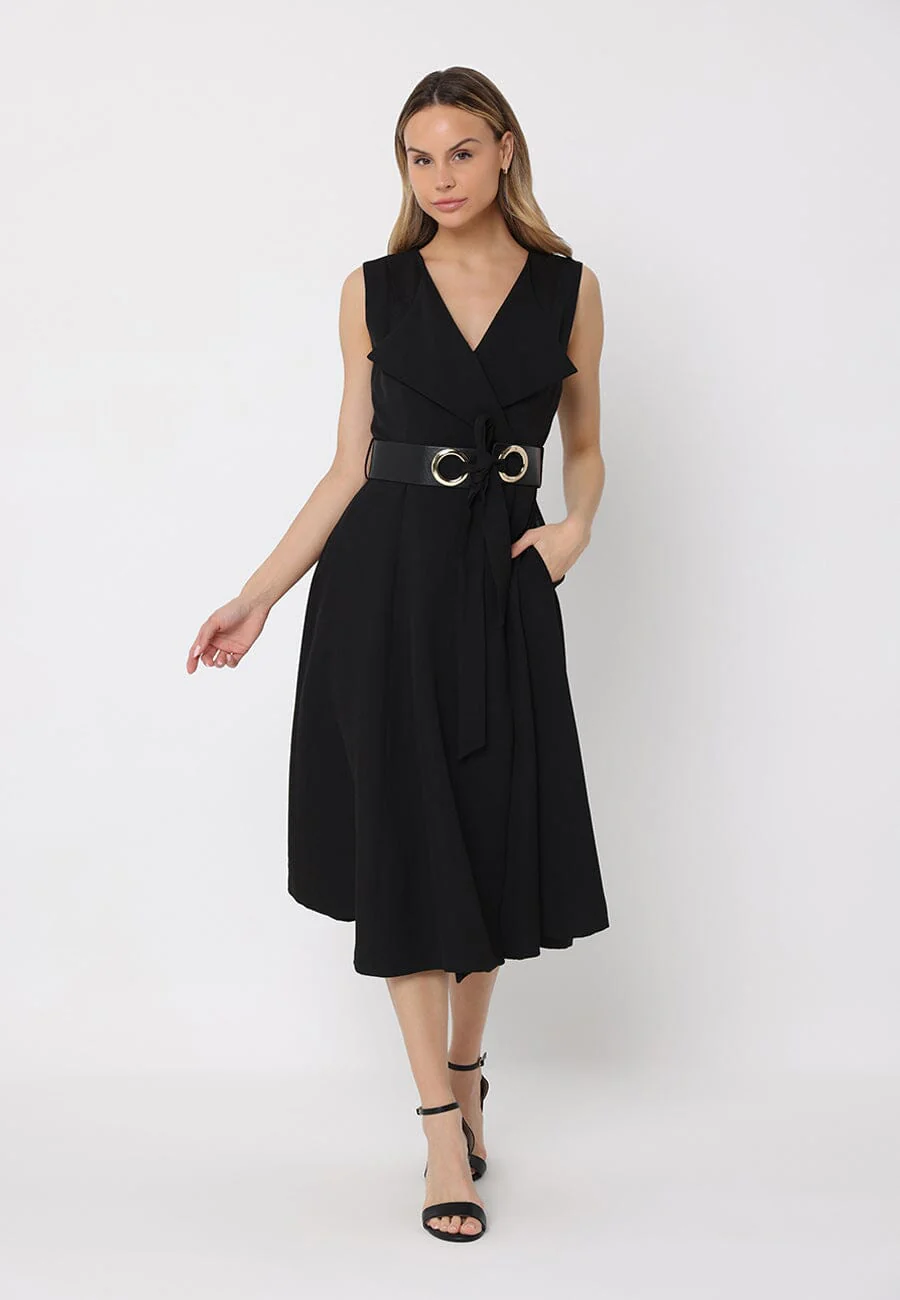 Sleeveless Notched-Lapel Collar Belted Long Jacket - Image 2