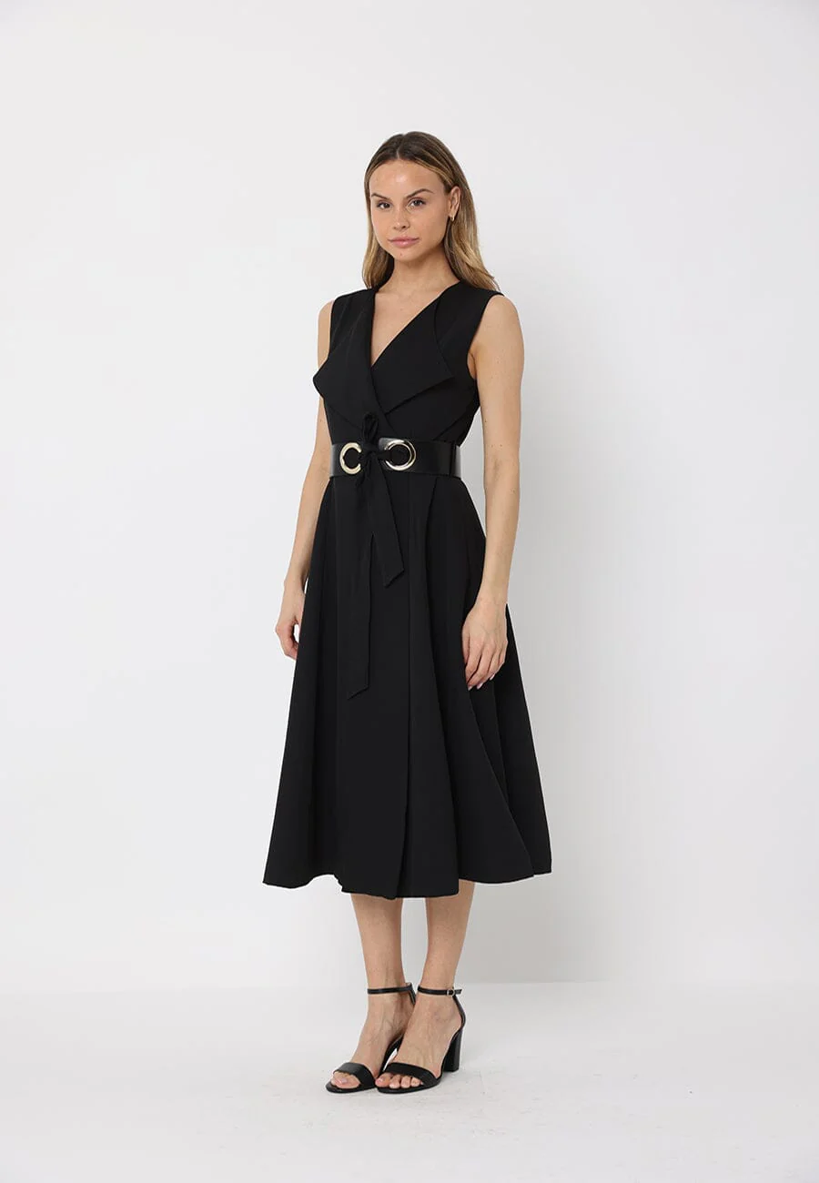 Sleeveless Notched-Lapel Collar Belted Long Jacket - Image 3
