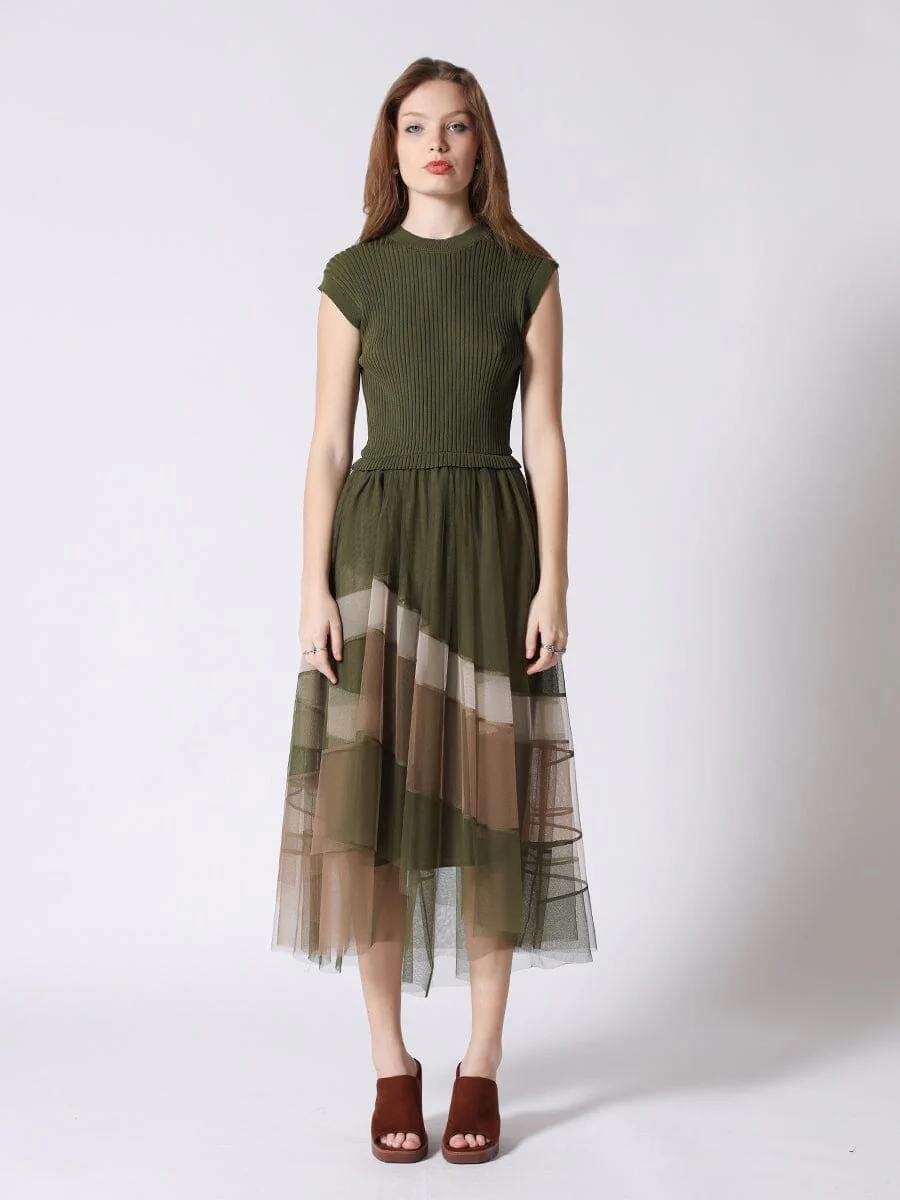 Sleevless A-Line Long Dress w/ Pleated Tulle Skirt - Image 5