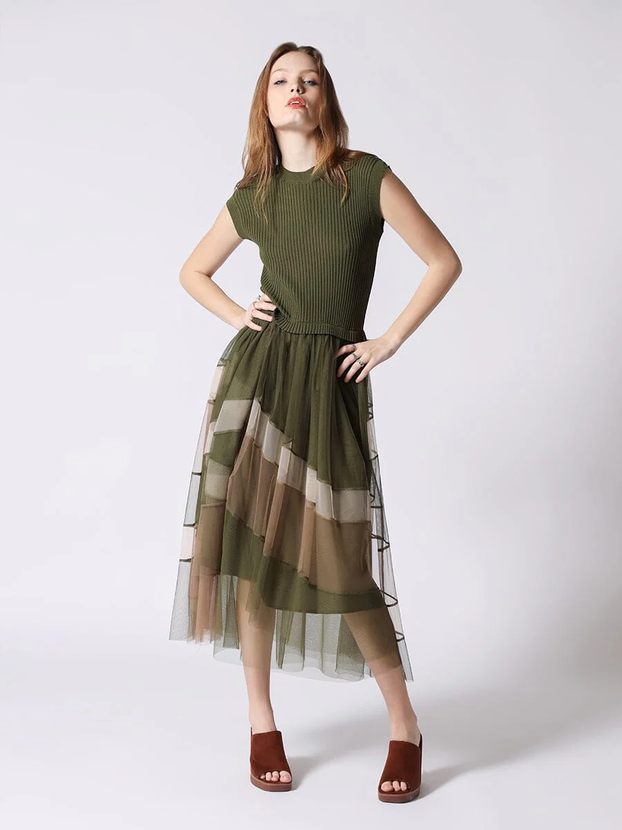 Sleevless A-Line Long Dress w/ Pleated Tulle Skirt - Image 6