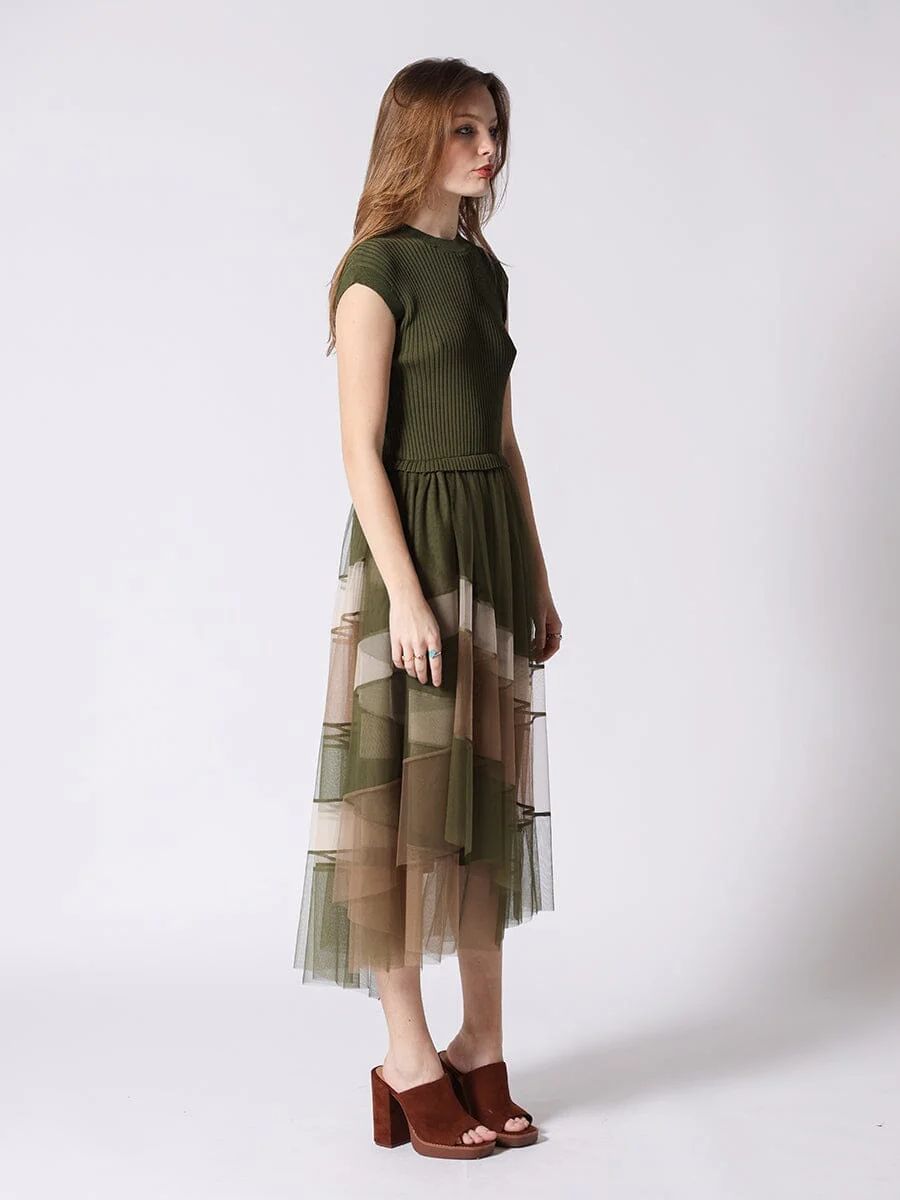 Sleevless A-Line Long Dress w/ Pleated Tulle Skirt - Image 7