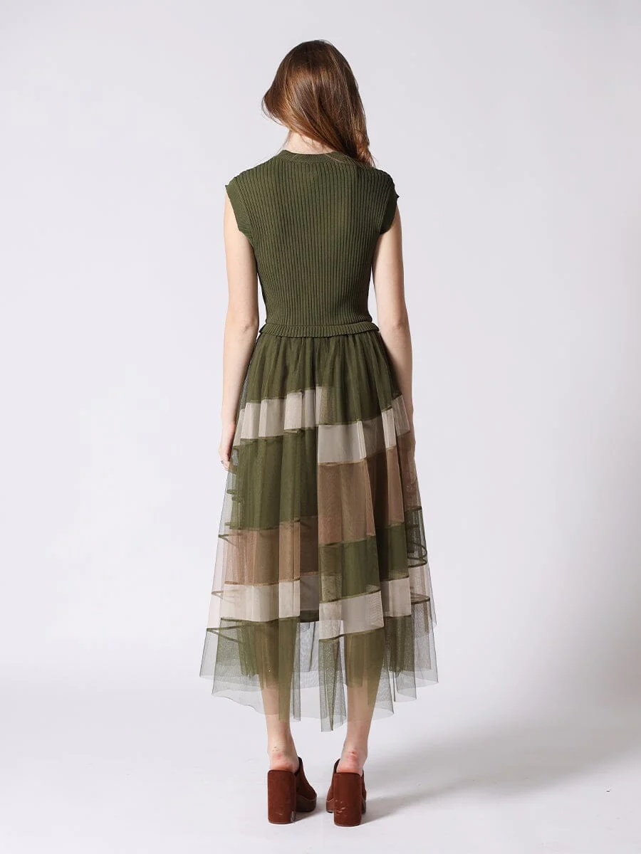 Sleevless A-Line Long Dress w/ Pleated Tulle Skirt - Image 8