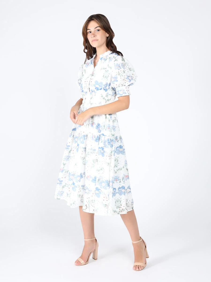 Smocked Waist Puff Sleeve Floral Eyelet Dress - Image 2