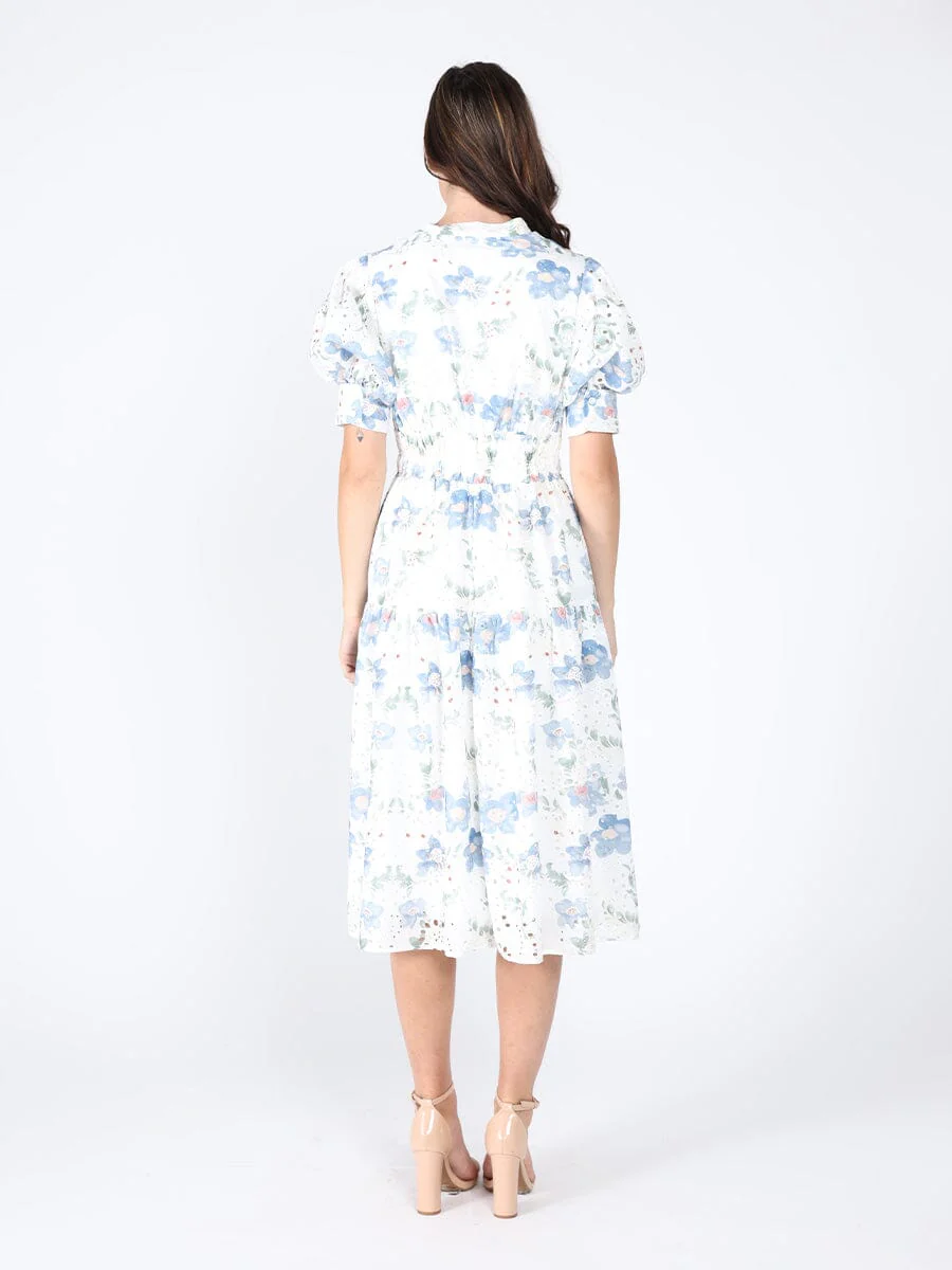 Smocked Waist Puff Sleeve Floral Eyelet Dress - Image 4