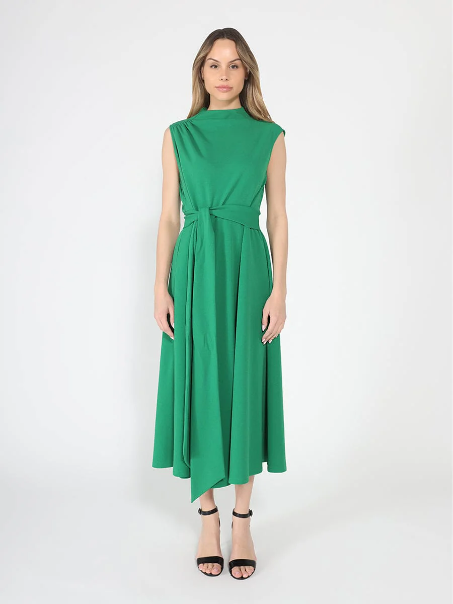 Solid Color Front Tie Belt Mock Neck Dress