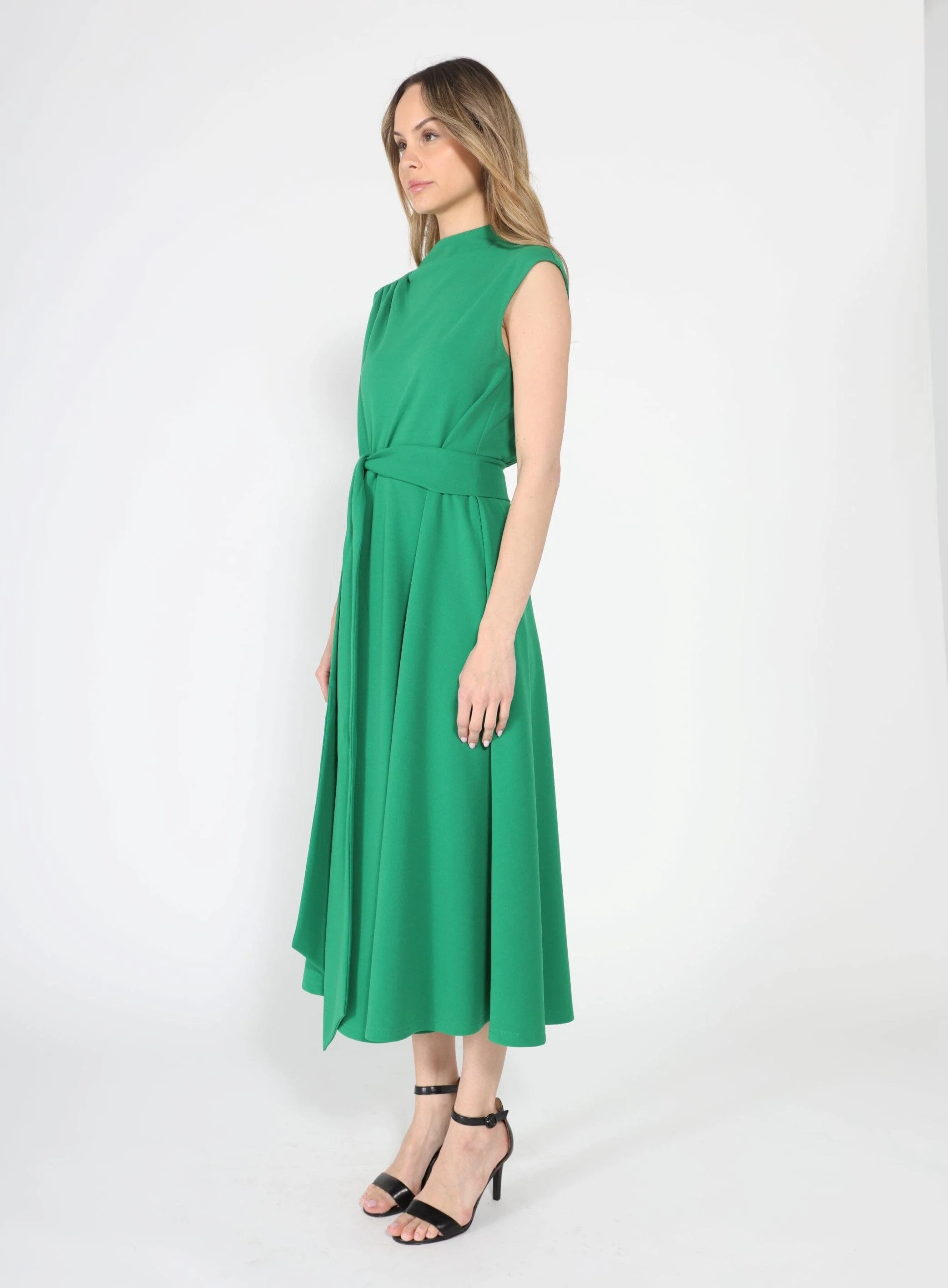 Solid Color Front Tie Belt Mock Neck Dress - Image 3