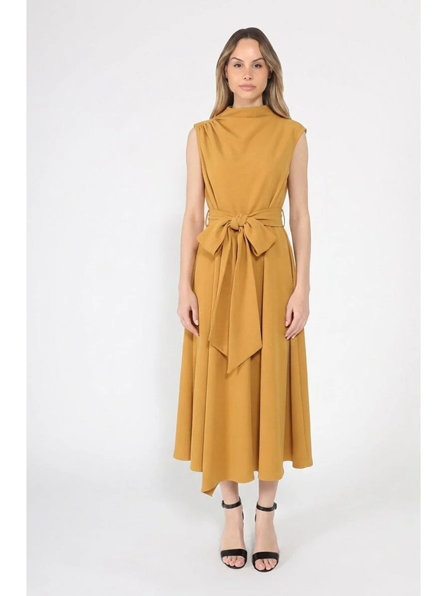 Solid Color Front Tie Belt Mock Neck Dress - Image 5
