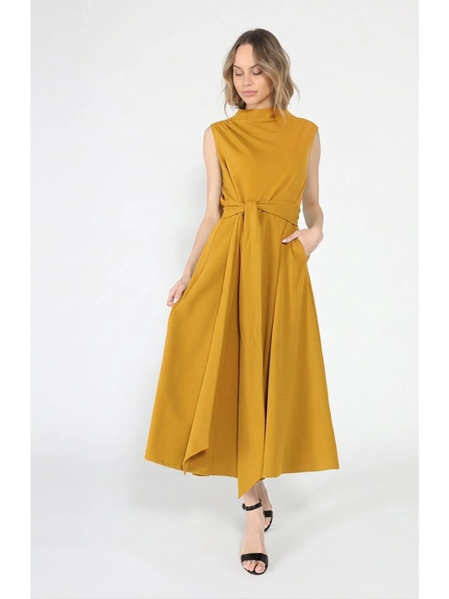 Solid Color Front Tie Belt Mock Neck Dress - Image 6