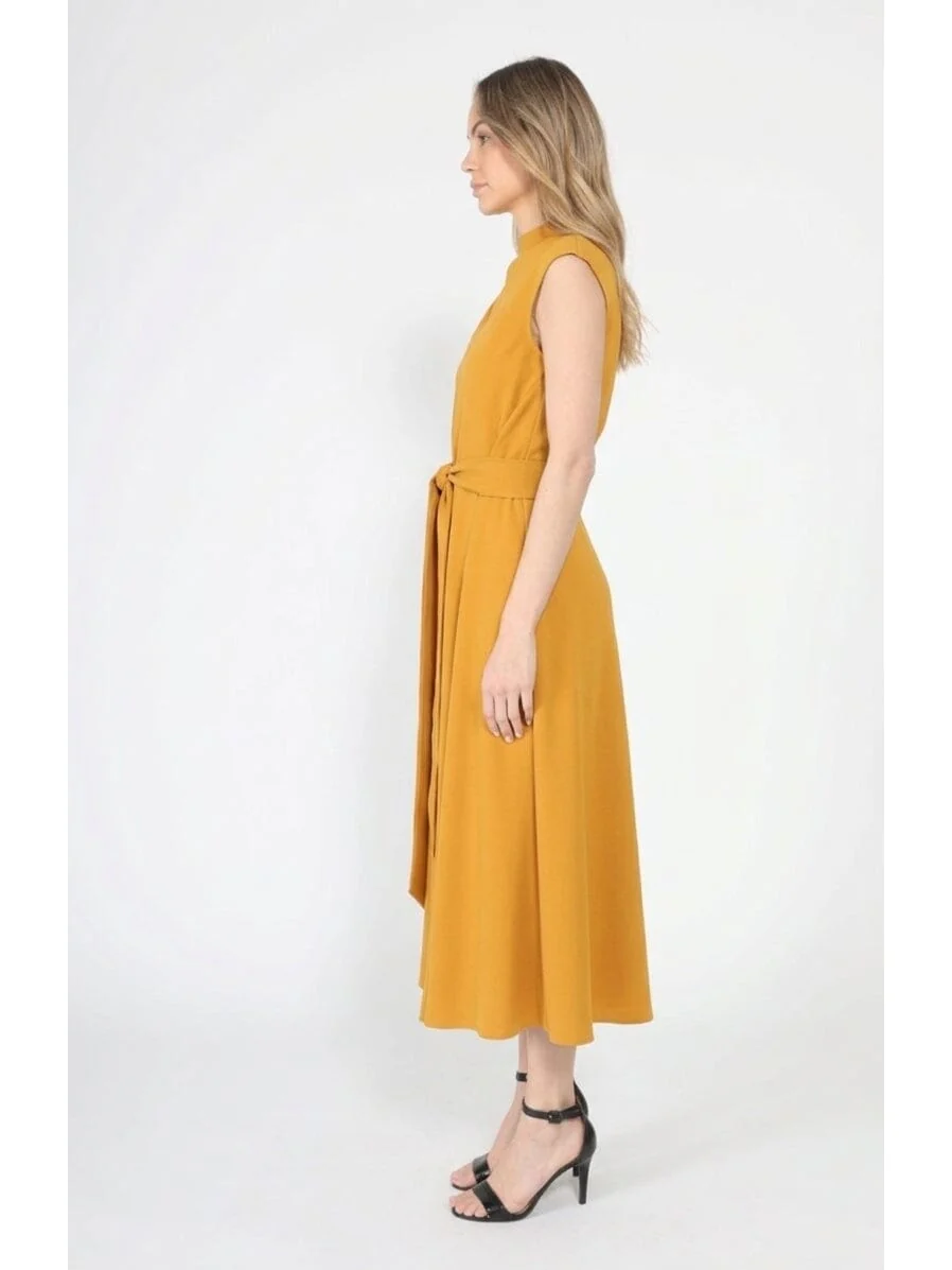 Solid Color Front Tie Belt Mock Neck Dress - Image 7