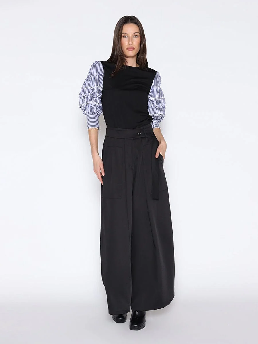 Solid Color T-Shirt with Long Striped Puff Sleeve - Image 2