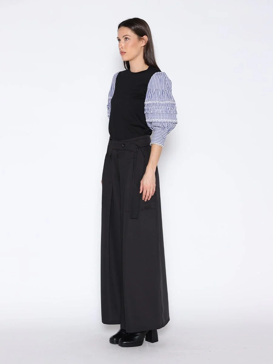 Solid Color T-Shirt with Long Striped Puff Sleeve - Image 3