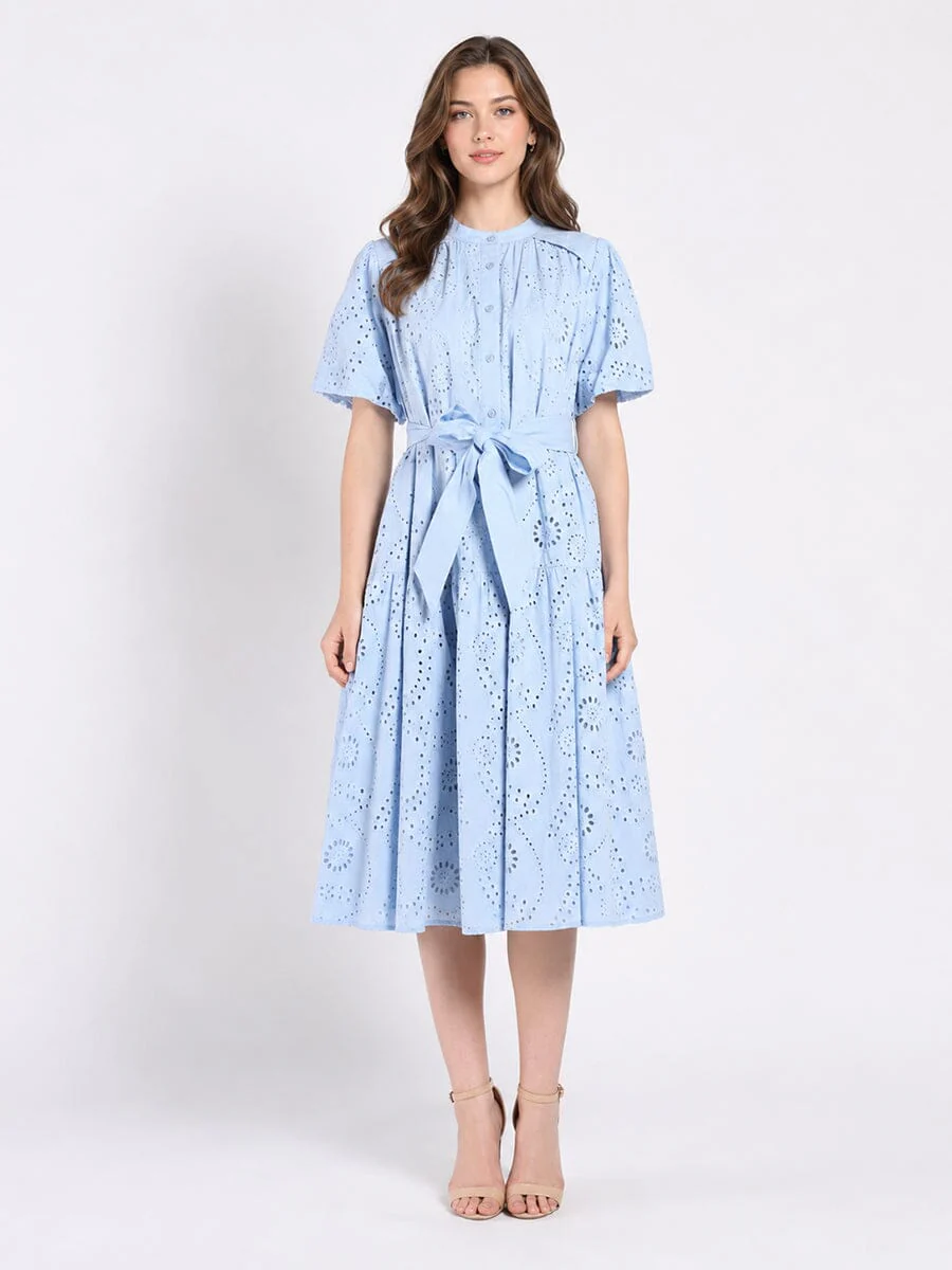 Solid Lace A-Line Dress with Balloon Sleeves