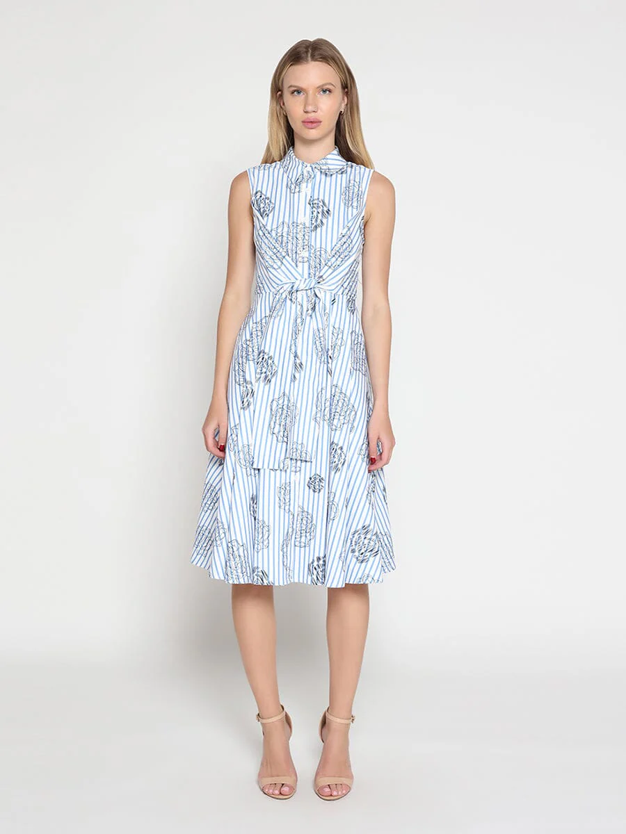 Stripe print sleeveless front tie dress