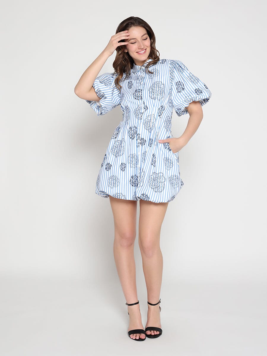 Striped Puff-Sleeve Floral Mini Dress - Image 2