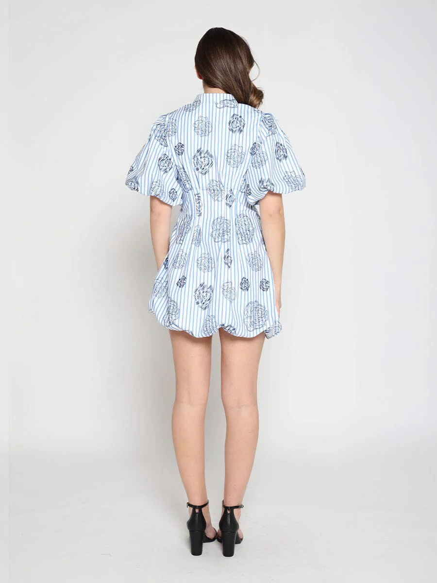 Striped Puff-Sleeve Floral Mini Dress - Image 4