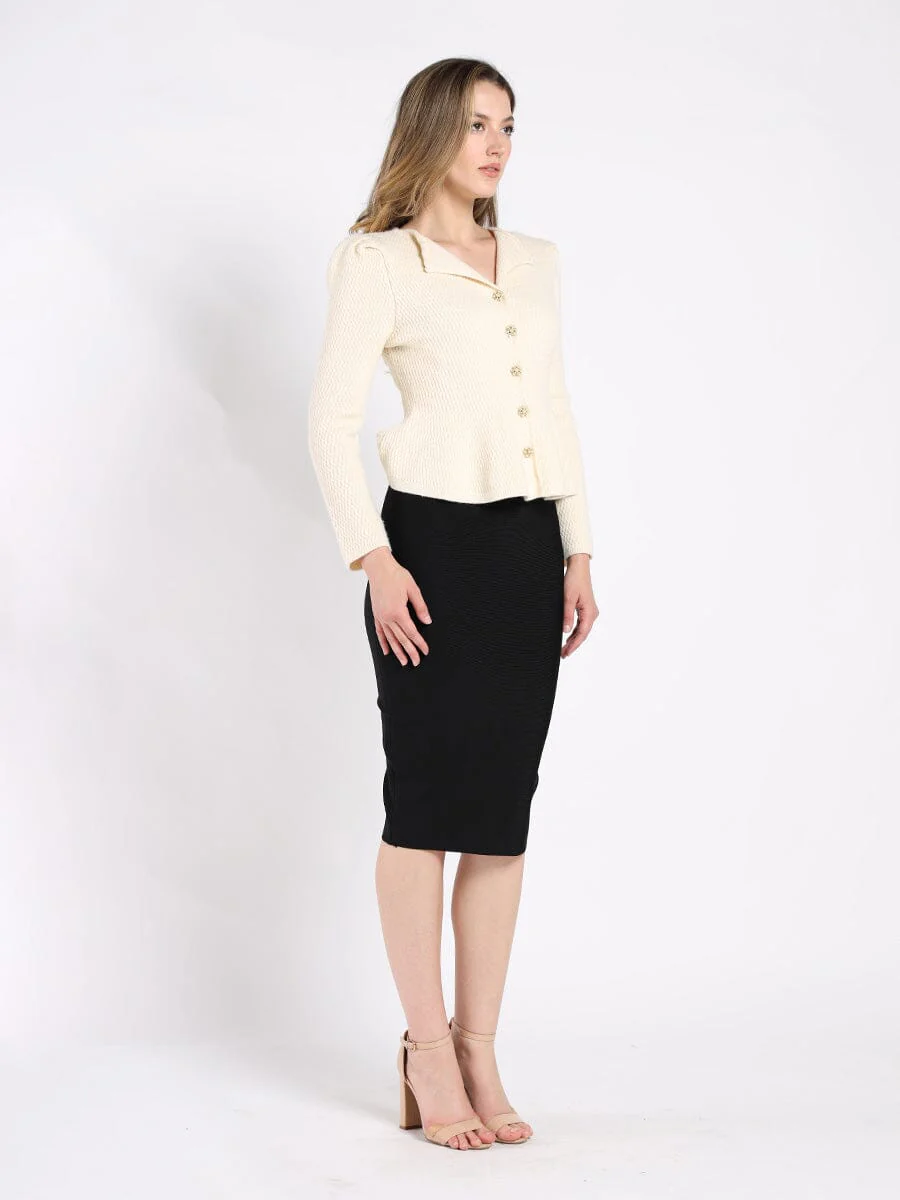 Textured Button Down Collared Peplum Cardigan - Image 3