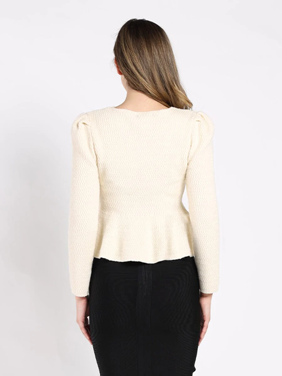 Textured Button Down Collared Peplum Cardigan - Image 4