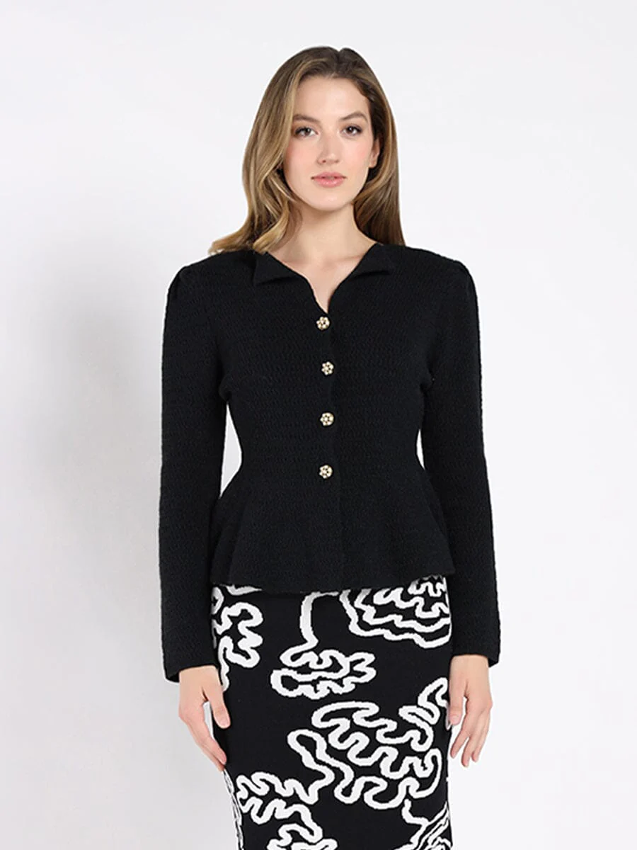Textured Button Down Collared Peplum Cardigan - Image 5