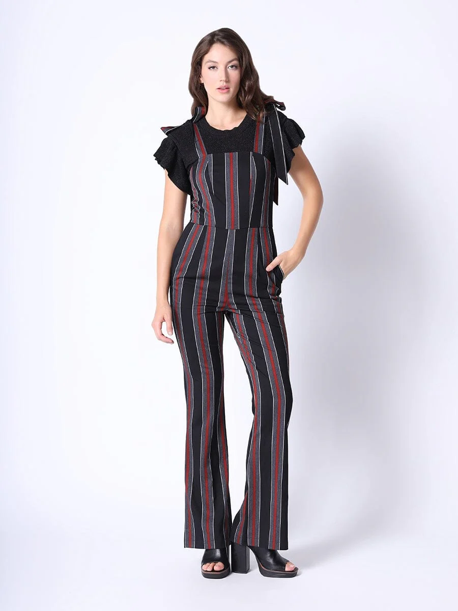 Tie-Shoulder Wide Leg Striped Overall Jumpsuit - Image 6