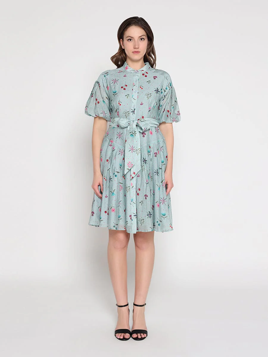 Tiny Floral Print Band Collar Belt Dress
