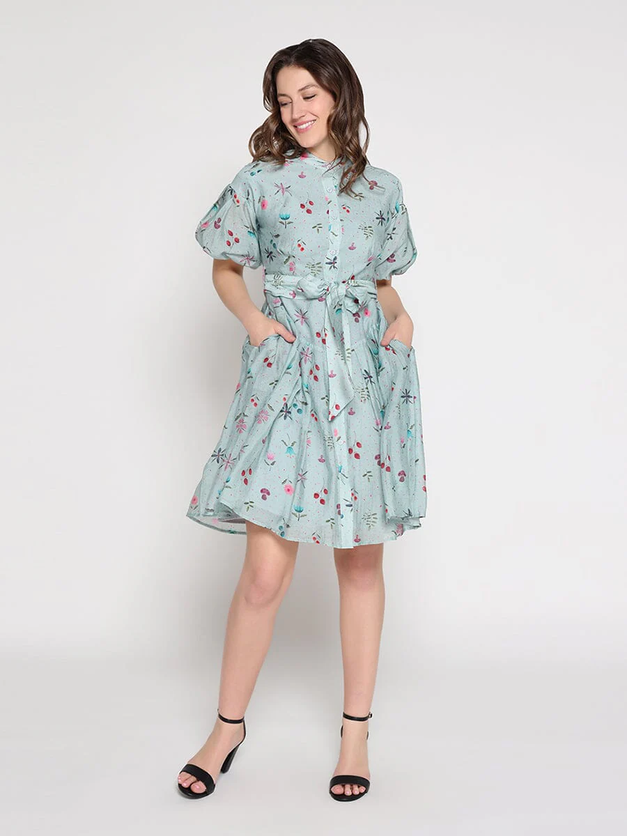 Tiny Floral Print Band Collar Belt Dress - Image 2