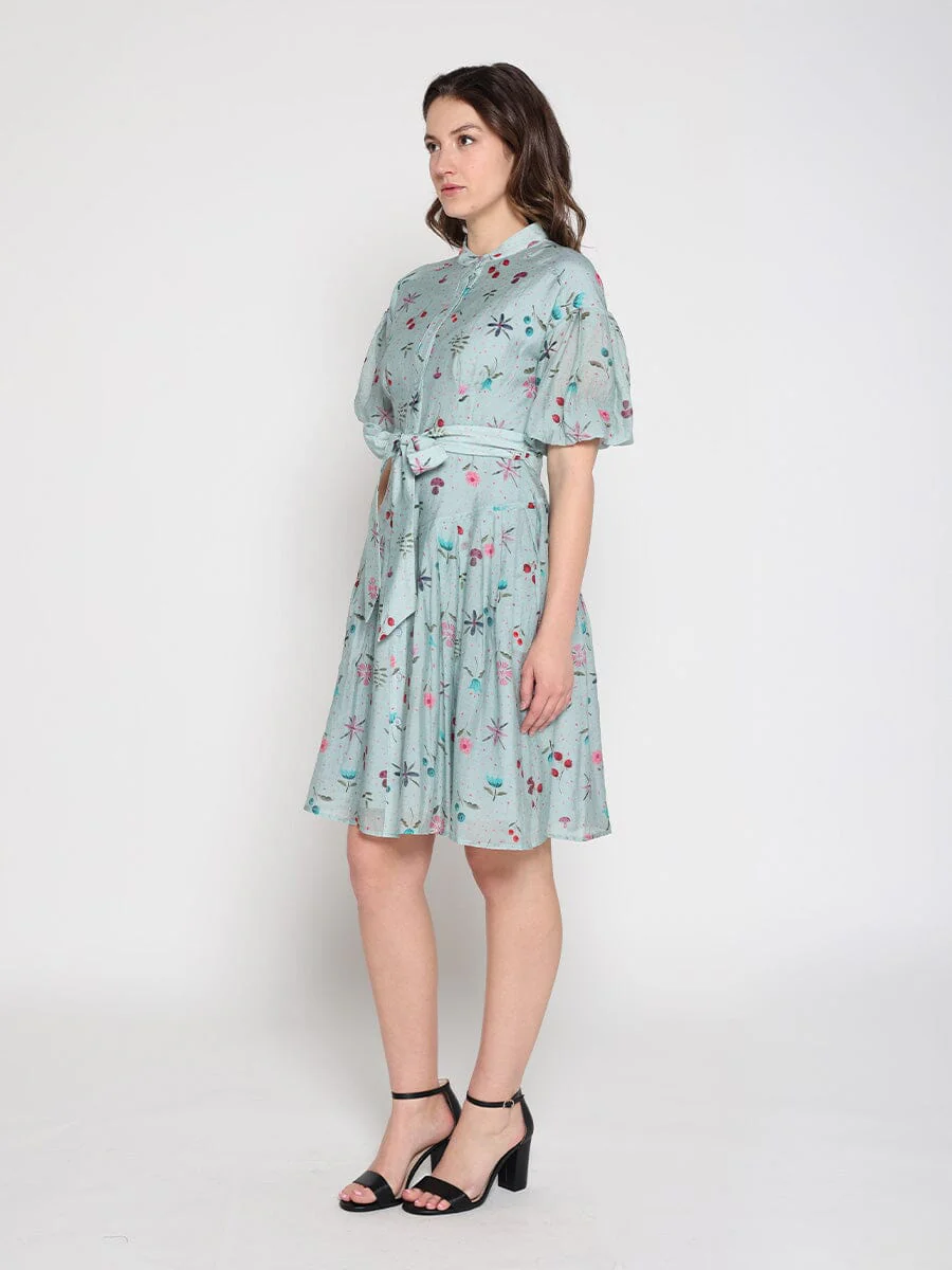 Tiny Floral Print Band Collar Belt Dress - Image 3