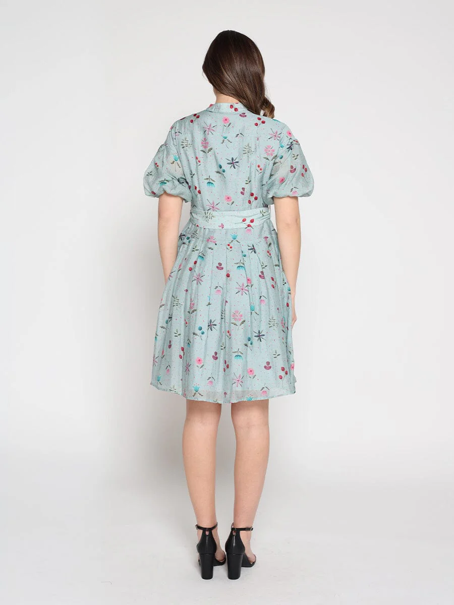 Tiny Floral Print Band Collar Belt Dress - Image 4