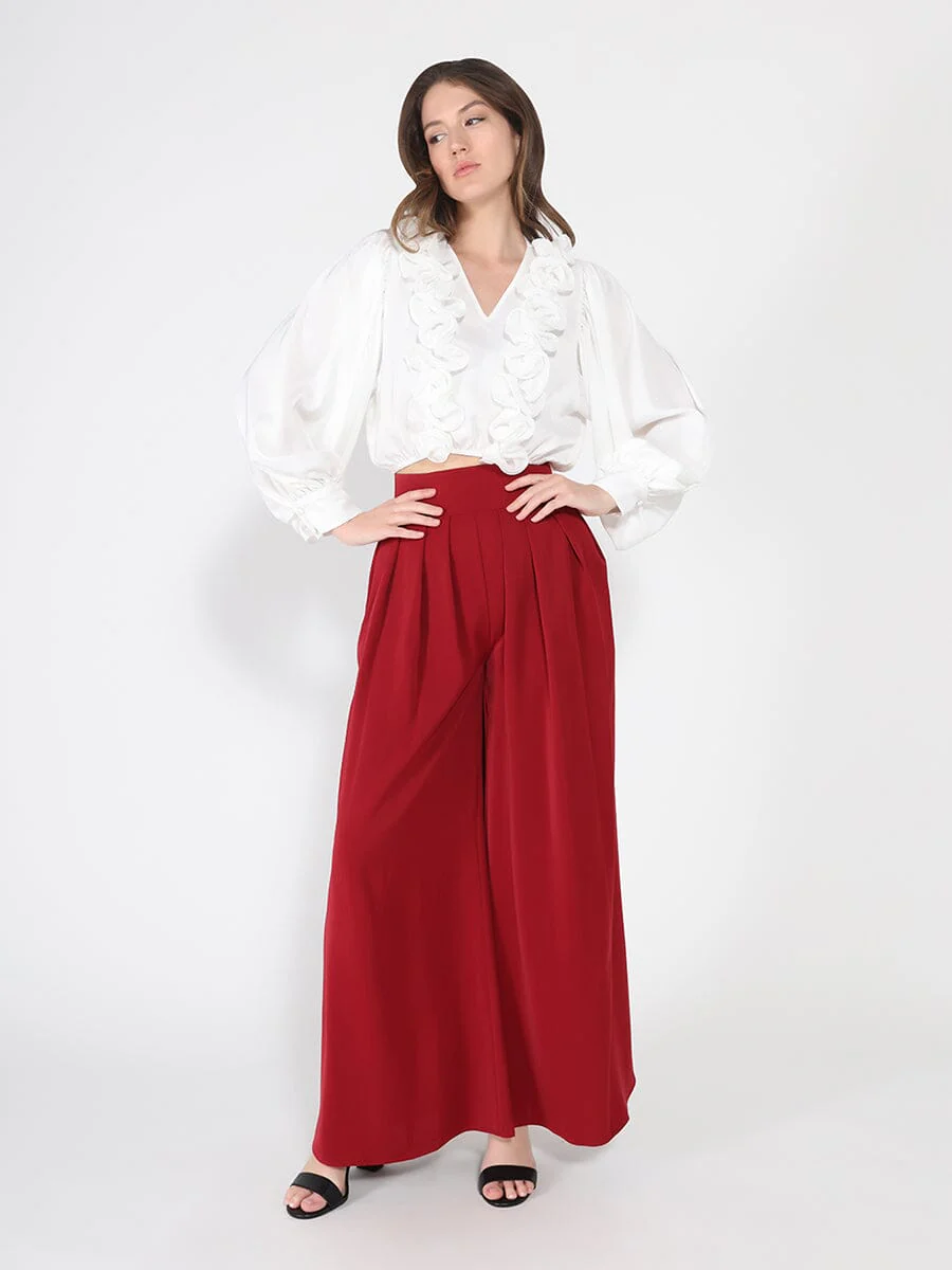 V-Neck Long Sleeve Ruffle Detailed Crop Top - Image 2