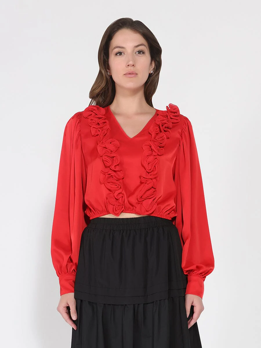V-Neck Long Sleeve Ruffle Detailed Crop Top - Image 5