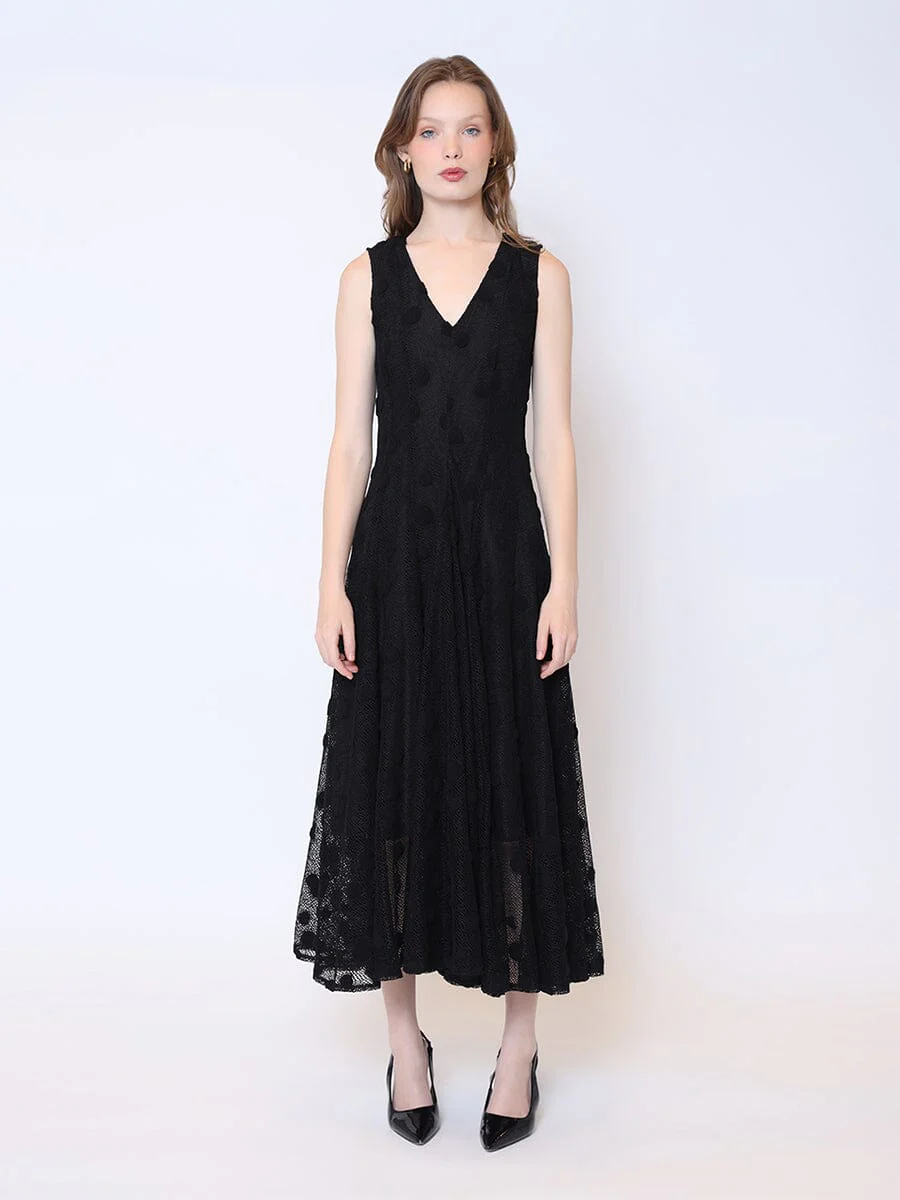 V-Neck Sleeveless Lace A-Line Long Solid Dress