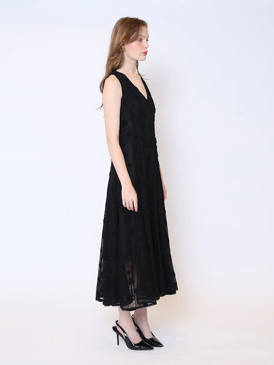 V-Neck Sleeveless Lace A-Line Long Solid Dress - Image 3
