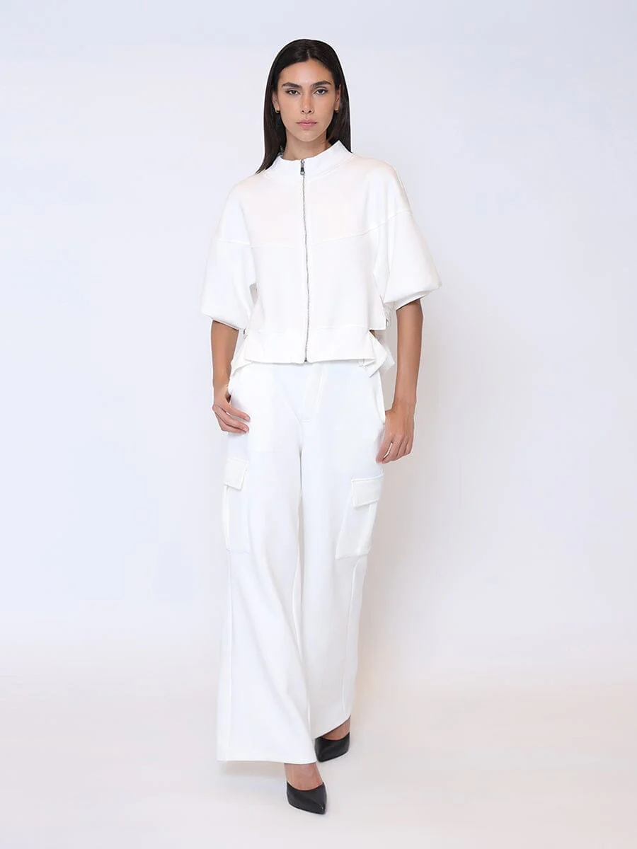 Zip-Up Split Side Puff Sleeve Jacket - Image 2
