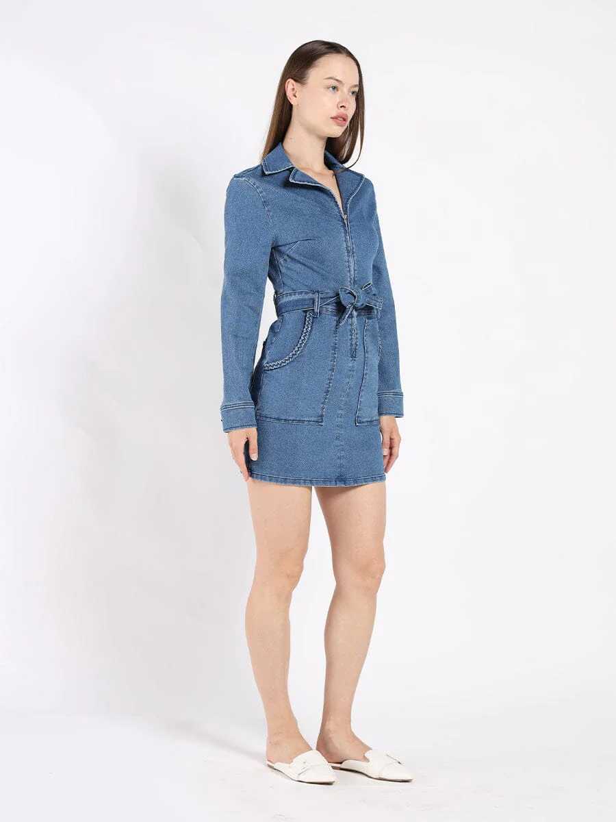Zippered Denim Shirt Dress - Image 3